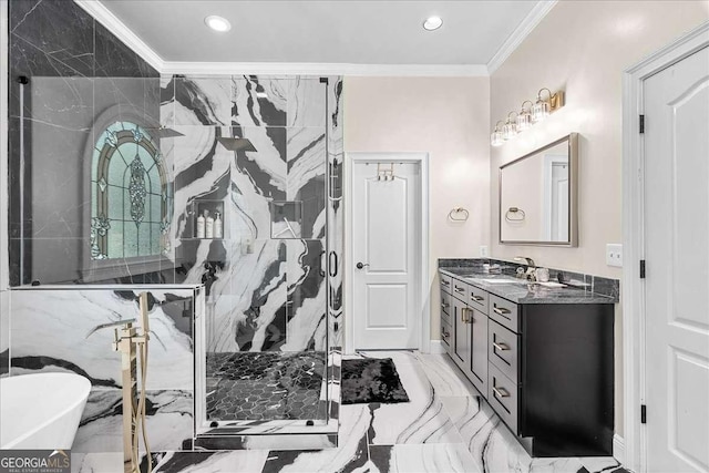 4670 Hamden Forest Dr SW, Atlanta, GA 30331 - full bathroom featuring marble tiled flooring, ornamental molding, vanity, a marble finish shower, and a freestanding bath