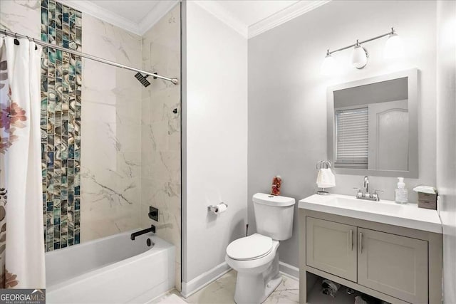 4670 Hamden Forest Dr SW, Atlanta, GA 30331 - full bathroom featuring marble finish flooring, crown molding, vanity, and shower / bath combo