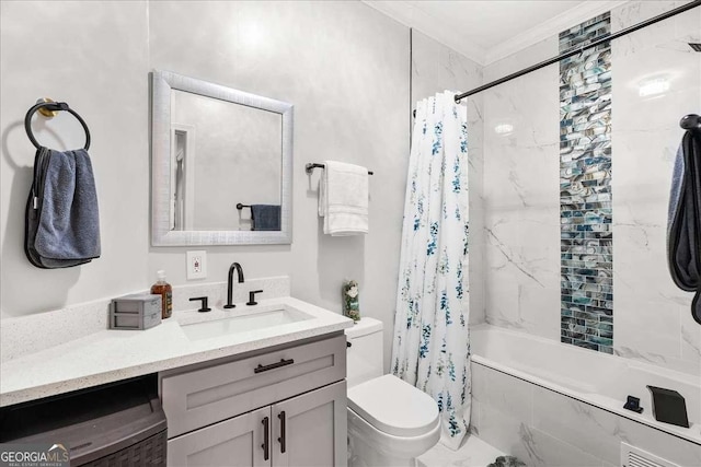 4670 Hamden Forest Dr SW, Atlanta, GA 30331 - bathroom featuring vanity, shower / bathtub combination with curtain, and crown molding