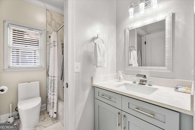 4670 Hamden Forest Dr SW, Atlanta, GA 30331 - bathroom with vanity, marble look tile flooring, curtained shower, and crown molding