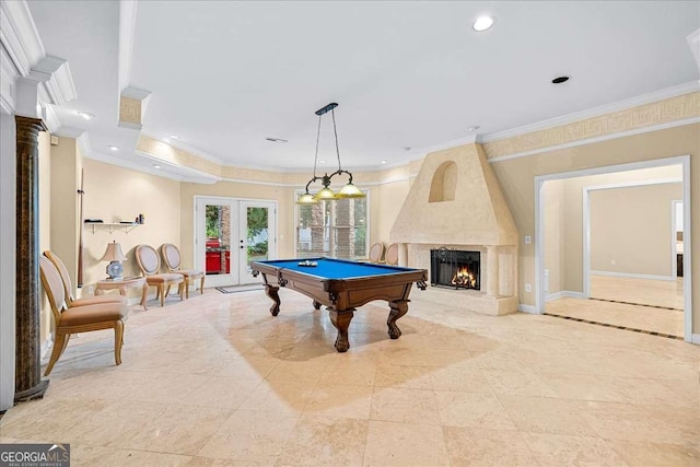 4670 Hamden Forest Dr SW, Atlanta, GA 30331 - game room with french doors, billiards, ornamental molding, a fireplace, and recessed lighting