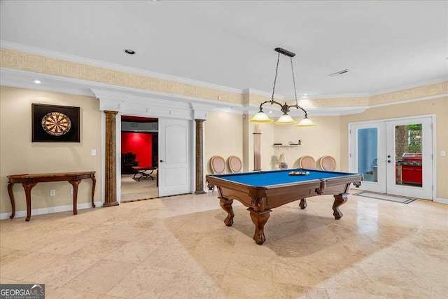 4670 Hamden Forest Dr SW, Atlanta, GA 30331 - recreation room featuring crown molding, french doors, pool table, and decorative columns