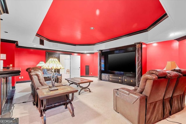 4670 Hamden Forest Dr SW, Atlanta, GA 30331 - home theater room with crown molding, carpet, a raised ceiling, and recessed lighting