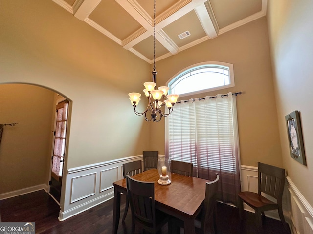 307 Legacy Park Dr, Perry, GA 31069 - dining room featuring a towering ceiling, wood finished floors, arched walkways, wainscoting, and coffered ceiling