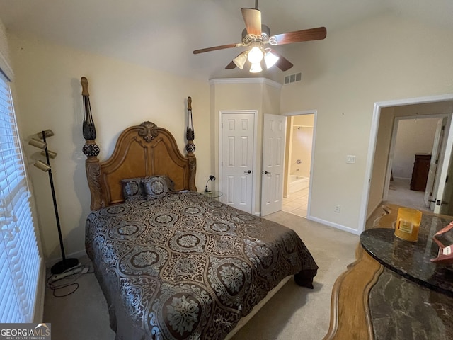 2123 Floral Ridge Dr, Dacula, GA 30019 - bedroom featuring light colored carpet, ensuite bath, and ceiling fan