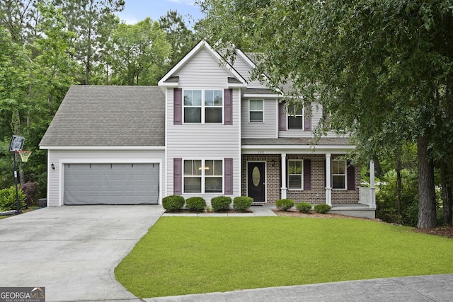 102 Brookstone Way, Rincon, GA 31326 - view of front facade with a garage, driveway, a front yard, covered porch, and roof with shingles