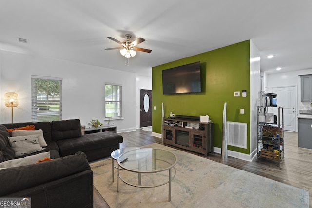 102 Brookstone Way, Rincon, GA 31326 - living area featuring wood finished floors, a ceiling fan, baseboards, and recessed lighting