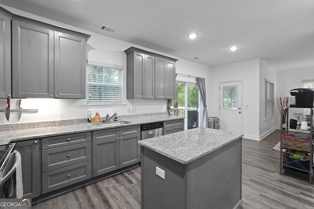 102 Brookstone Way, Rincon, GA 31326 - kitchen featuring gray cabinetry, a sink, dishwasher, dark wood-style floors, and light stone countertops