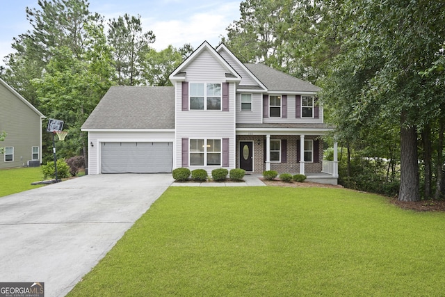 102 Brookstone Way, Rincon, GA 31326 - view of front of home featuring concrete driveway, an attached garage, covered porch, a shingled roof, and a front yard