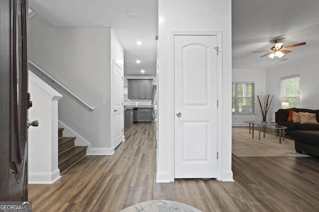102 Brookstone Way, Rincon, GA 31326 - entryway featuring dark wood-style flooring, stairway, ceiling fan, baseboards, and recessed lighting
