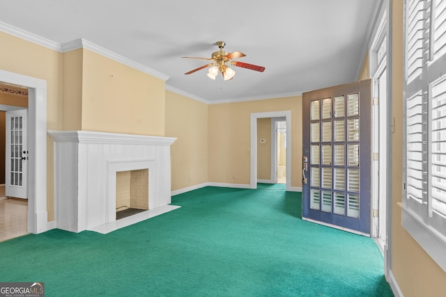 7443 Church St, Bartow, GA 30413 - unfurnished living room with carpet flooring, a fireplace with flush hearth, baseboards, a ceiling fan, and ornamental molding