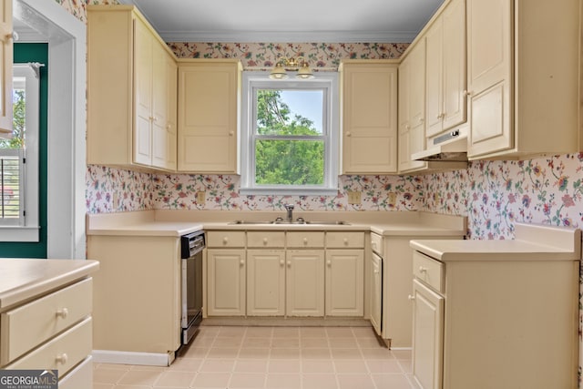 7443 Church St, Bartow, GA 30413 - kitchen with a sink, wallpapered walls, black dishwasher, under cabinet range hood, and light countertops