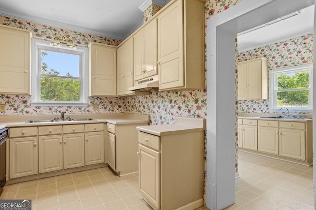 7443 Church St, Bartow, GA 30413 - kitchen featuring wallpapered walls, a sink, light tile patterned floors, under cabinet range hood, and light countertops