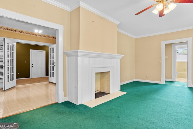 7443 Church St, Bartow, GA 30413 - unfurnished living room featuring a fireplace with flush hearth, a ceiling fan, crown molding, carpet, and baseboards