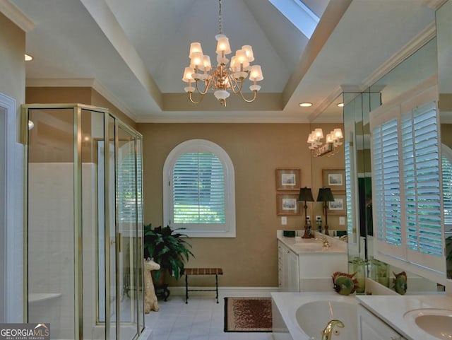 307 Worthing Ln, Mcdonough, GA 30253 - bathroom featuring a chandelier, two vanities, a shower stall, a tub with jets, and tile patterned floors