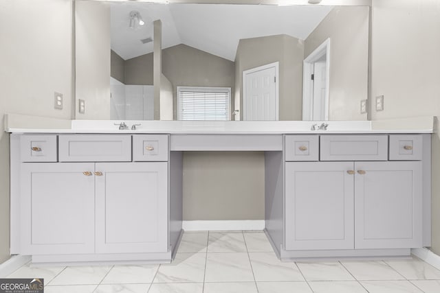 2030 Brook Meadow Dr, Alpharetta, GA 30005 - full bath with marble look tiles, vanity, and lofted ceiling