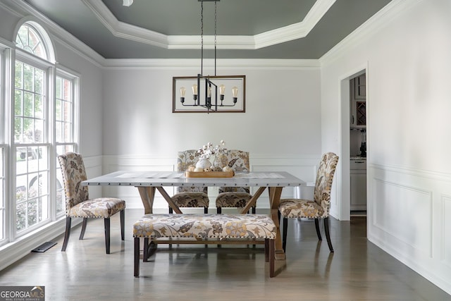 4046 Creekview Ridge Dr, Buford, GA 30518 - dining area with a chandelier, a tray ceiling, a wainscoted wall, wood finished floors, and ornamental molding