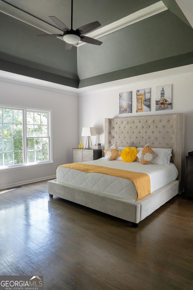 4046 Creekview Ridge Dr, Buford, GA 30518 - bedroom with wood finished floors, lofted ceiling, and ceiling fan