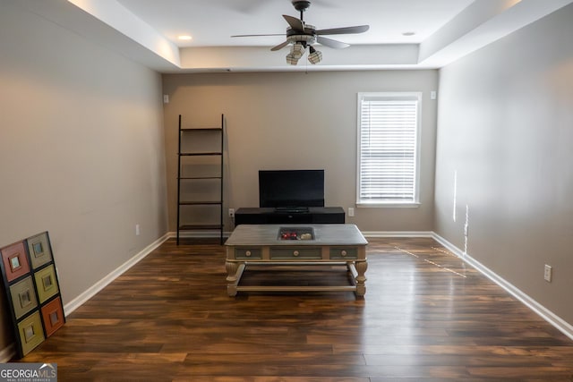 4046 Creekview Ridge Dr, Buford, GA 30518 - living room with ceiling fan, wood finished floors, a tray ceiling, and recessed lighting