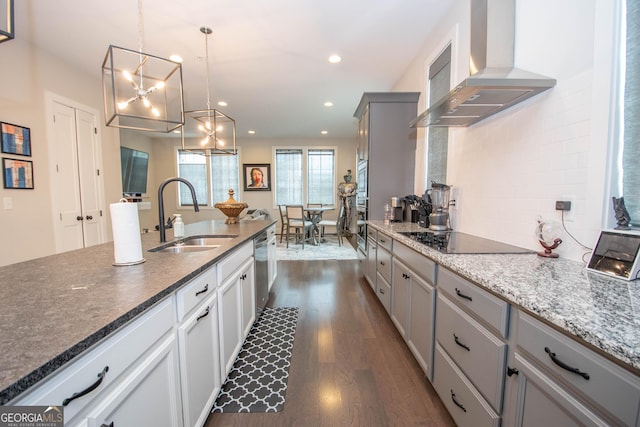 1 Newnan Views Cir, Newnan, GA 30263 - kitchen with a sink, wall chimney exhaust hood, appliances with stainless steel finishes, gray cabinets, and dark wood-style floors