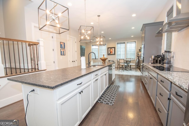 1 Newnan Views Cir, Newnan, GA 30263 - kitchen with wall chimney exhaust hood, dishwasher, a sink, black electric cooktop, and dark wood-style flooring