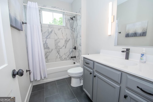 1 Newnan Views Cir, Newnan, GA 30263 - full bath featuring vanity, toilet, shower / bath combo with shower curtain, tile patterned flooring, and baseboards
