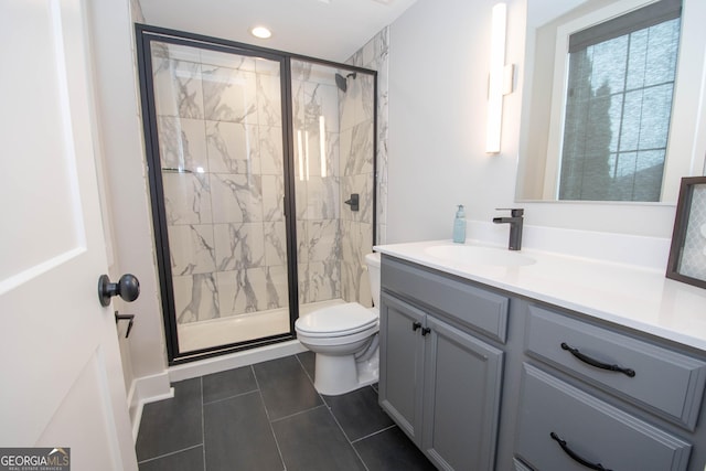 1 Newnan Views Cir, Newnan, GA 30263 - bathroom with toilet, vanity, a shower stall, tile patterned floors, and recessed lighting