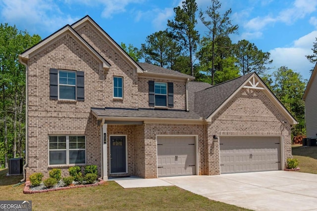 420 Tavistock Ct, Mcdonough, GA 30252 - view of front of house featuring concrete driveway, central AC, brick siding, a front lawn, and an attached garage