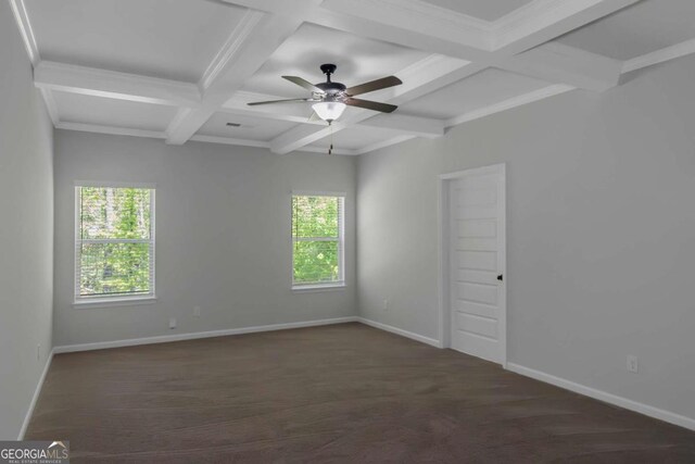 420 Tavistock Ct, Mcdonough, GA 30252 - spare room with coffered ceiling, healthy amount of natural light, beamed ceiling, baseboards, and a ceiling fan