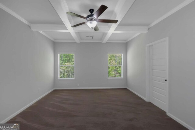 420 Tavistock Ct, Mcdonough, GA 30252 - spare room with coffered ceiling, beamed ceiling, baseboards, ceiling fan, and ornamental molding