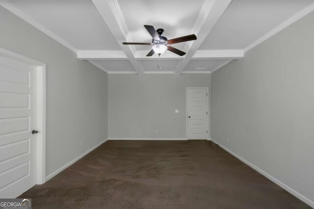 420 Tavistock Ct, Mcdonough, GA 30252 - spare room featuring ceiling fan, beamed ceiling, baseboards, carpet flooring, and coffered ceiling