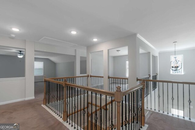 420 Tavistock Ct, Mcdonough, GA 30252 - hall featuring attic access, an upstairs landing, carpet floors, recessed lighting, and baseboards