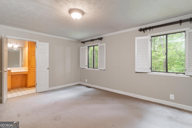 264 E Boling Rd, Jasper, GA 30143 - unfurnished bedroom featuring light carpet, a textured ceiling, multiple windows, crown molding, and connected bathroom