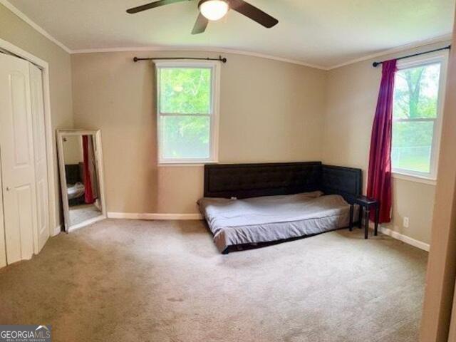 219 Broad St, Carrollton, GA 30117 - carpeted bedroom featuring crown molding, ceiling fan, and a closet