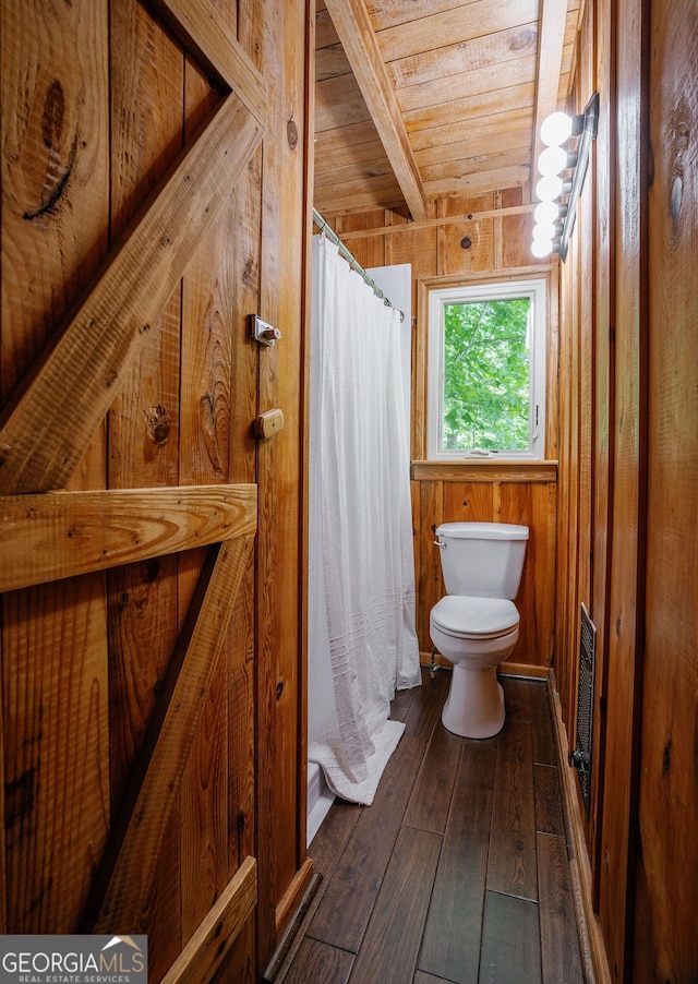 174 Little Rock Creek Ct, Cherry Log, GA 30522 - bathroom featuring toilet, wooden ceiling, wood walls, a shower with curtain, and hardwood / wood-style floors