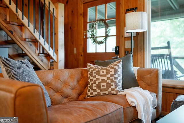174 Little Rock Creek Ct, Cherry Log, GA 30522 - living room featuring stairway and wood walls