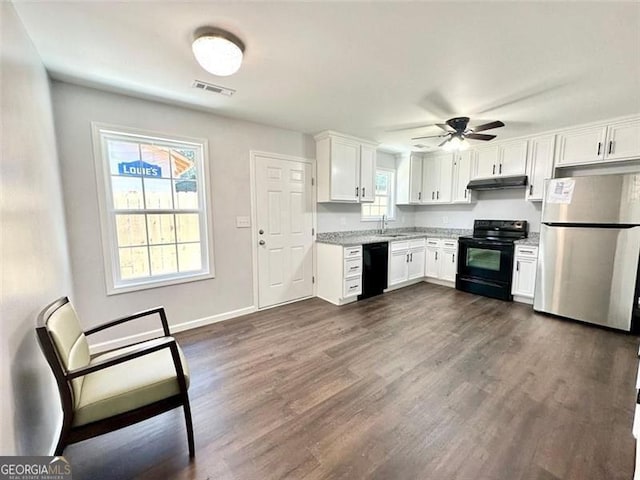 1 Addington Ct NW Unit B, Rome, GA 30165 - kitchen with black appliances, under cabinet range hood, white cabinets, a sink, and dark wood-style floors
