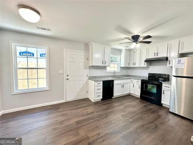 1 Addington Ct NW Unit B, Rome, GA 30165 - kitchen featuring black appliances, under cabinet range hood, a sink, white cabinets, and dark wood-style floors