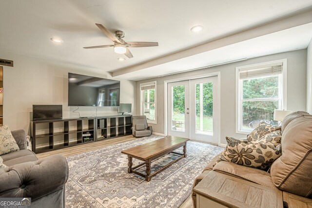 4096 Vinings Mill Trl SE, Smyrna, GA 30080 - living room featuring recessed lighting, wood finished floors, a ceiling fan, healthy amount of natural light, and baseboards