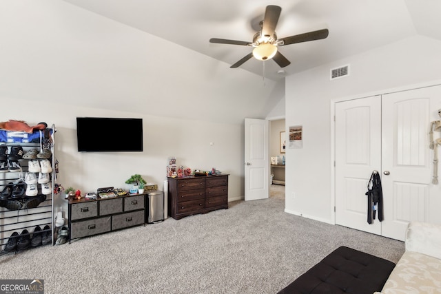 102 Olson Way, Kingsland, GA 31548 - carpeted bedroom with lofted ceiling, a closet, a ceiling fan, and baseboards