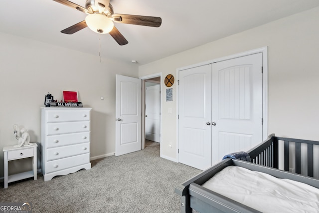 102 Olson Way, Kingsland, GA 31548 - bedroom with carpet floors, a closet, baseboards, and a ceiling fan