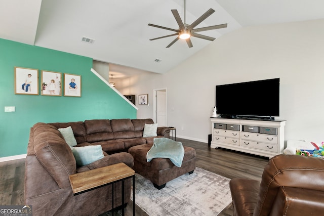 102 Olson Way, Kingsland, GA 31548 - living room with vaulted ceiling, a ceiling fan, baseboards, and wood finished floors