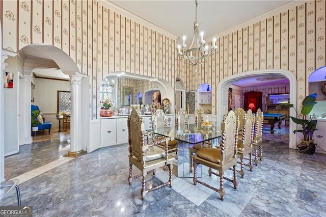 3000 Cathedral Pl, Decatur, GA 30034 - dining room with arched walkways, crown molding, marble tiled flooring, a chandelier, and decorative columns