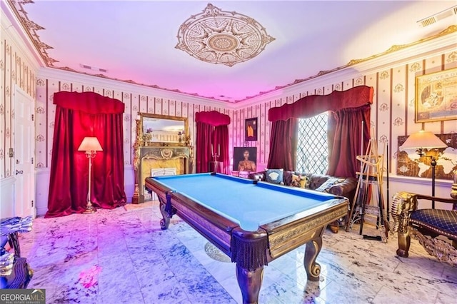 3000 Cathedral Pl, Decatur, GA 30034 - playroom with crown molding, wallpapered walls, and billiards