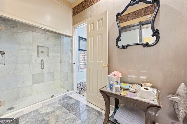 3000 Cathedral Pl, Decatur, GA 30034 - bathroom with marble look tiles and a shower stall