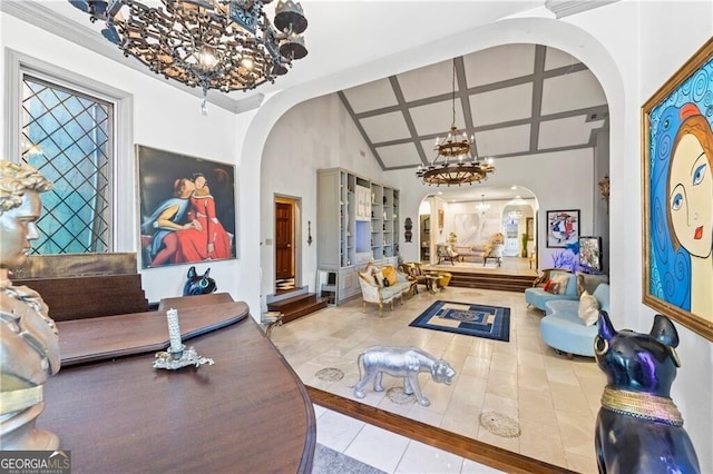 3000 Cathedral Pl, Decatur, GA 30034 - tiled living room with arched walkways, a chandelier, and lofted ceiling