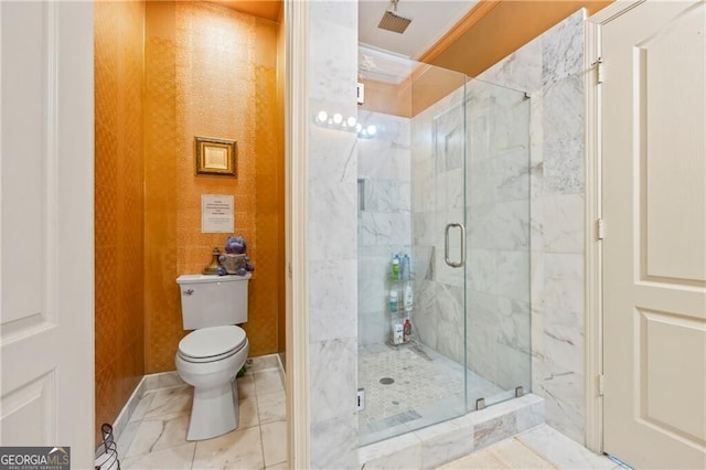 3000 Cathedral Pl, Decatur, GA 30034 - full bathroom featuring a marble finish shower, toilet, and ornamental molding