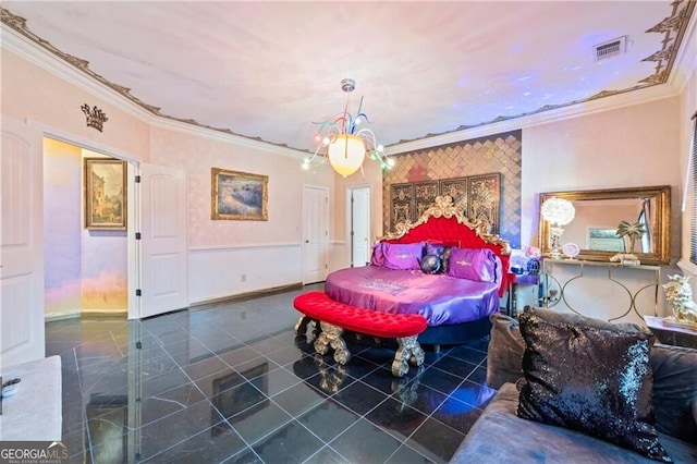 3000 Cathedral Pl, Decatur, GA 30034 - tiled bedroom featuring crown molding, baseboards, and a chandelier