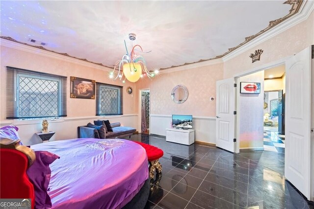 3000 Cathedral Pl, Decatur, GA 30034 - bedroom with granite tiled floors, ornamental molding, a chandelier, baseboards, and a wainscoted wall