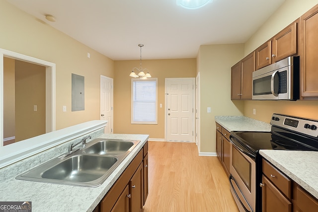 2650 Batavia St, East Point, GA 30344 - kitchen with appliances with stainless steel finishes, electric panel, a sink, light wood-style flooring, and light countertops